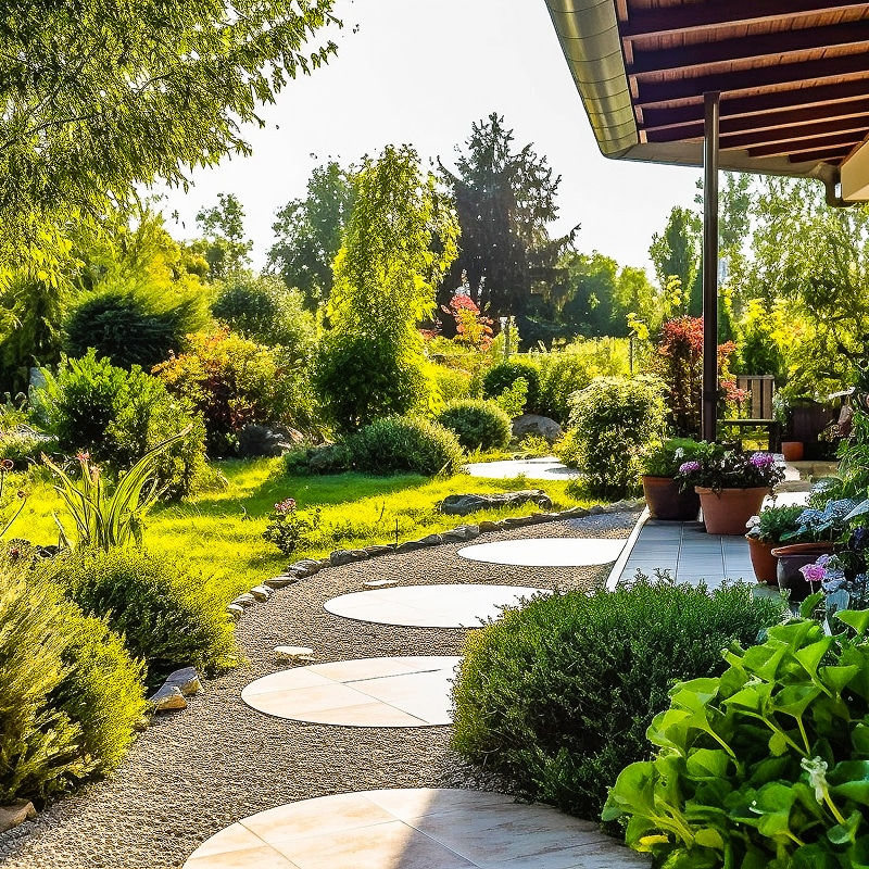 Allée de jardin luxuriant en gravier bordée de buissons. Pas japonais circulaires menant à une terrasse couverte baignée de soleil.