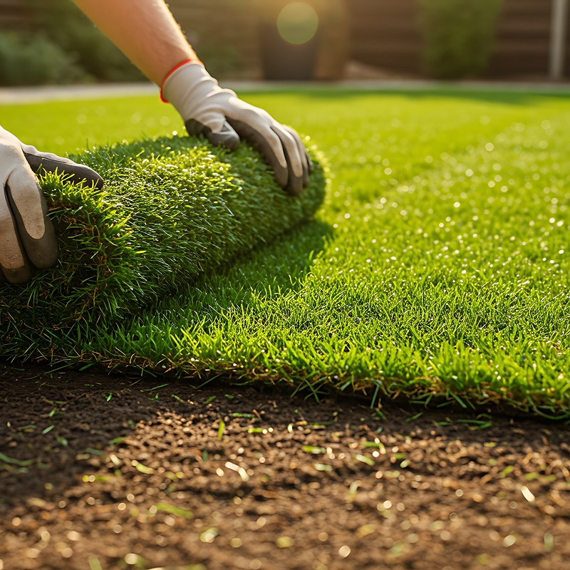Des mains gantées déroulent un rouleau de gazon vert luxuriant sur de la terre noire, installant une nouvelle pelouse sous un soleil chaud.