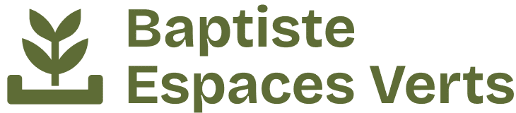 Logo vert Baptiste Espaces Verts. Le pictogramme végétal stylisé montre une jeune pousse sortant d'une jardinière, symbolisant l'aménagement paysager.